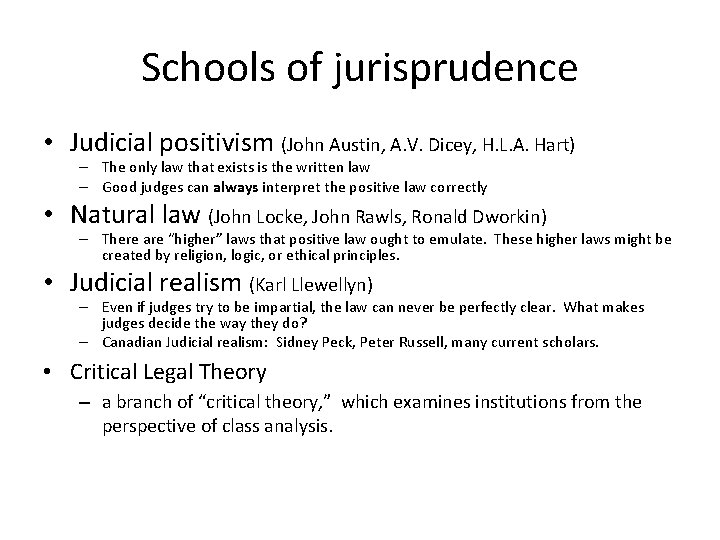 Schools of jurisprudence • Judicial positivism (John Austin, A. V. Dicey, H. L. A.