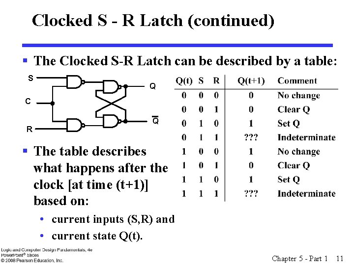 Clocked S - R Latch (continued) § The Clocked S-R Latch can be described