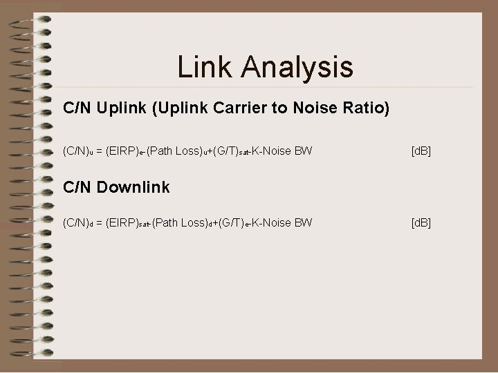 Link Analysis C/N Uplink (Uplink Carrier to Noise Ratio) (C/N)u = (EIRP)e-(Path Loss)u+(G/T)sat-K-Noise BW