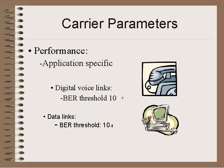 Carrier Parameters • Performance: -Application specific • Digital voice links: -BER threshold 10 •