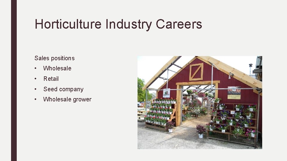 Horticulture Industry Careers Sales positions • Wholesale • Retail • Seed company • Wholesale