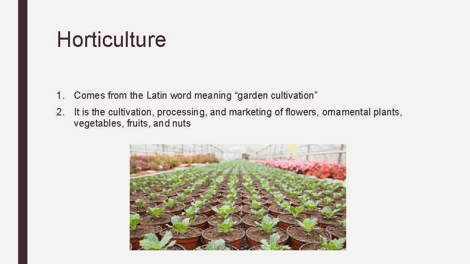 Horticulture 1. Comes from the Latin word meaning “garden cultivation” 2. It is the