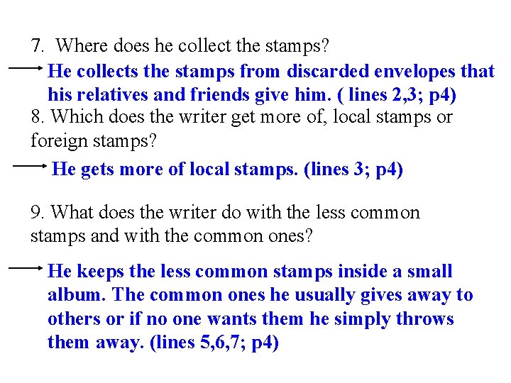 7. Where does he collect the stamps? He collects the stamps from discarded envelopes