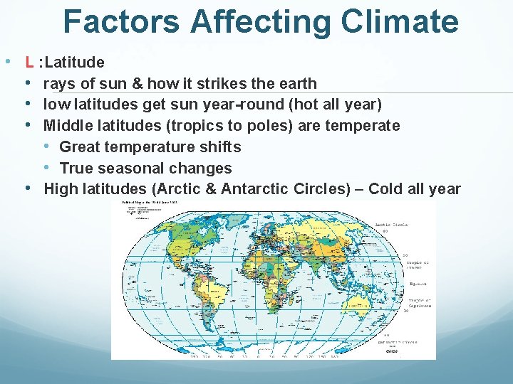 Factors Affecting Climate • L : Latitude • rays of sun & how it