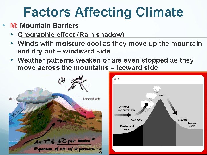 Factors Affecting Climate • M: Mountain Barriers • Orographic effect (Rain shadow) • Winds
