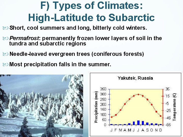 F) Types of Climates: High-Latitude to Subarctic Short, cool summers and long, bitterly cold