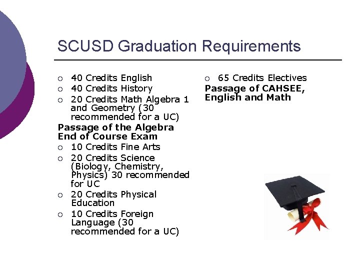 SCUSD Graduation Requirements 40 Credits English ¡ 40 Credits History ¡ 20 Credits Math