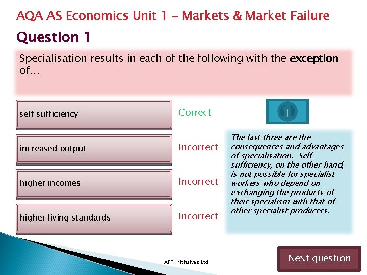 AQA AS Economics Unit 1 – Markets & Market Failure Question 1 Specialisation results AQA AS Economics Unit 1 – Markets & Market Failure Question 1 Specialisation results