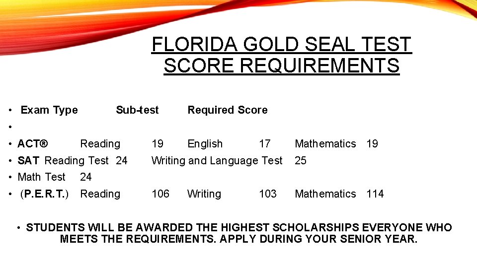 FLORIDA GOLD SEAL TEST SCORE REQUIREMENTS • Exam Type • • ACT® Sub-test Reading