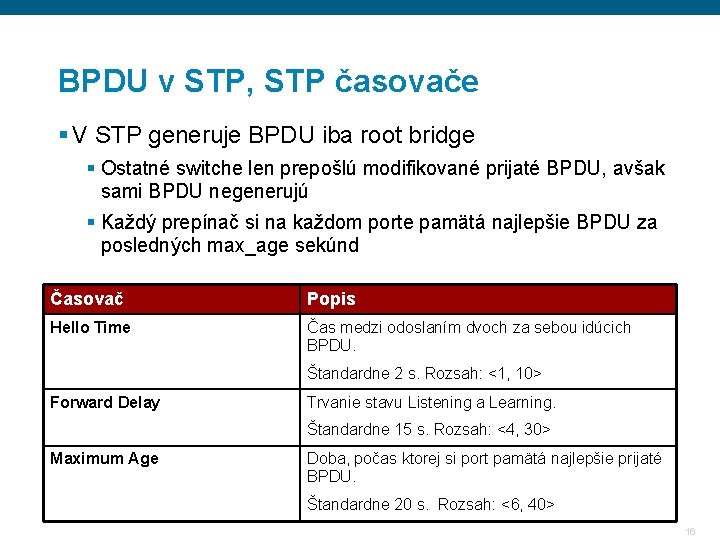BPDU v STP, STP časovače § V STP generuje BPDU iba root bridge § BPDU v STP, STP časovače § V STP generuje BPDU iba root bridge §