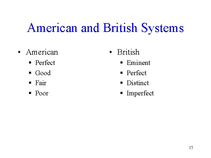 American and British Systems • American § § Perfect Good Fair Poor • British American and British Systems • American § § Perfect Good Fair Poor • British