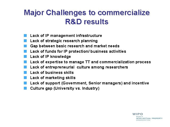 Major Challenges to commercialize R&D results Lack of IP management infrastructure Lack of strategic Major Challenges to commercialize R&D results Lack of IP management infrastructure Lack of strategic