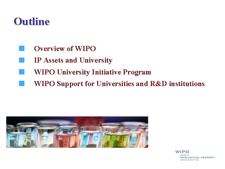 Outline Overview of WIPO IP Assets and University WIPO University Initiative Program WIPO Support Outline Overview of WIPO IP Assets and University WIPO University Initiative Program WIPO Support