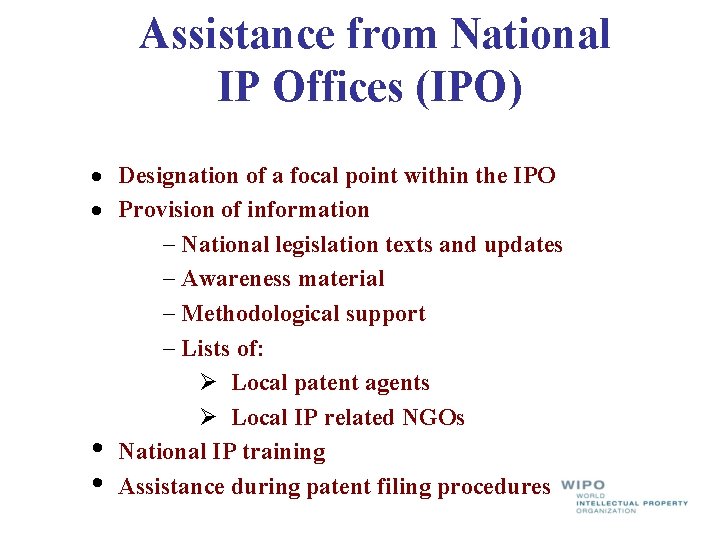 Assistance from National IP Offices (IPO) · Designation of a focal point within the Assistance from National IP Offices (IPO) · Designation of a focal point within the