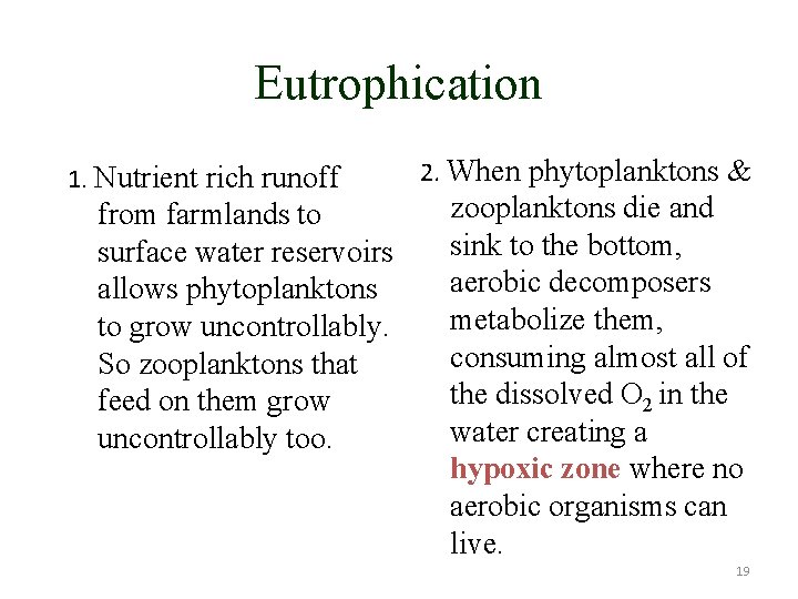 Eutrophication 1. Nutrient rich runoff from farmlands to surface water reservoirs allows phytoplanktons to