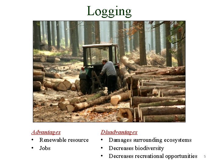 Logging Advantages • Renewable resource • Jobs Disadvantages • Damages surrounding ecosystems • Decreases