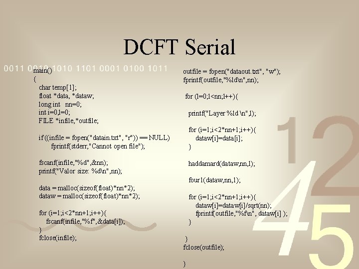 DCFT Serial main() { char temp[1]; float *data, *dataw; long int nn=0; int i=0,