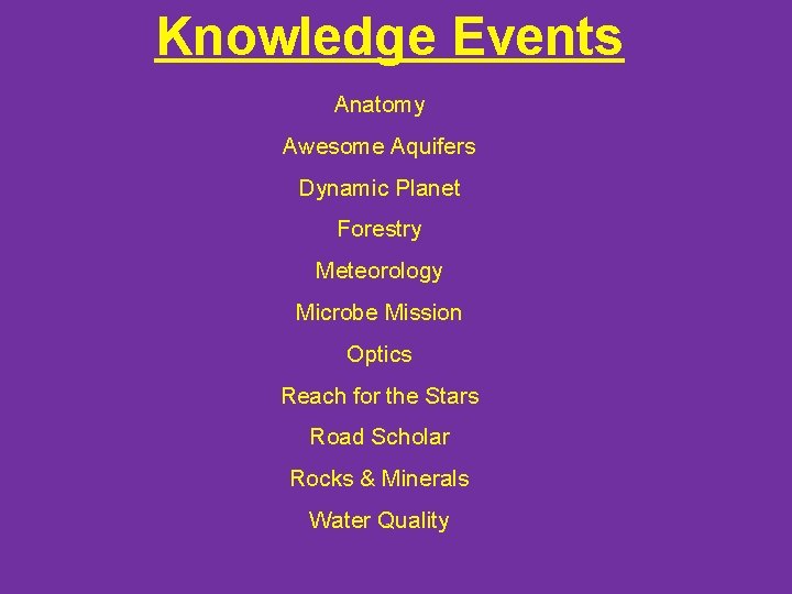 Knowledge Events Anatomy Awesome Aquifers Dynamic Planet Forestry Meteorology Microbe Mission Optics Reach for