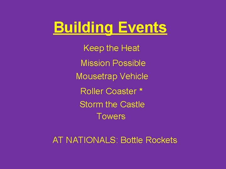 Building Events Keep the Heat Mission Possible Mousetrap Vehicle Roller Coaster * Storm the