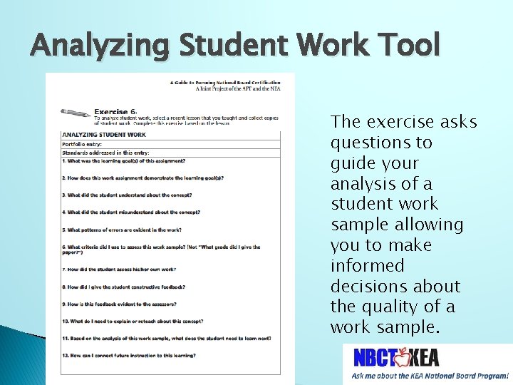 Analyzing Student Work Tool The exercise asks questions to guide your analysis of a