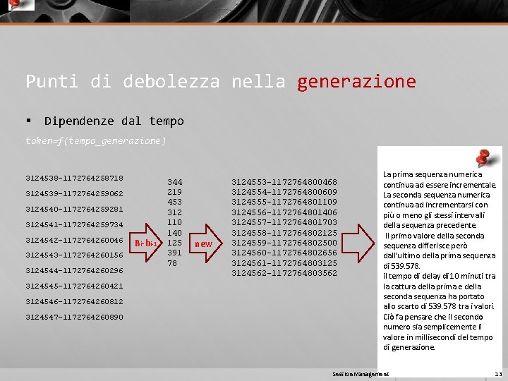 Punti di debolezza nella generazione § Dipendenze dal tempo token=f(tempo_generazione) 3124538 -1172764258718 3124539 -1172764259062 Punti di debolezza nella generazione § Dipendenze dal tempo token=f(tempo_generazione) 3124538 -1172764258718 3124539 -1172764259062