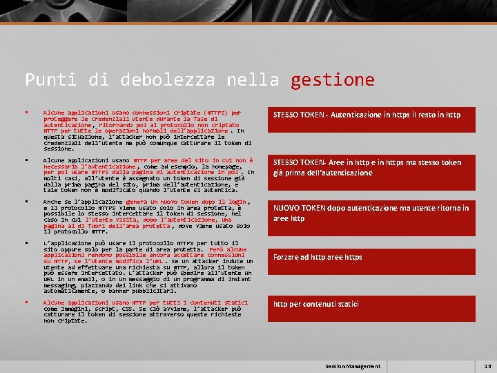 Punti di debolezza nella gestione § Alcune applicazioni usano connessioni criptate (HTTPS) per proteggere Punti di debolezza nella gestione § Alcune applicazioni usano connessioni criptate (HTTPS) per proteggere
