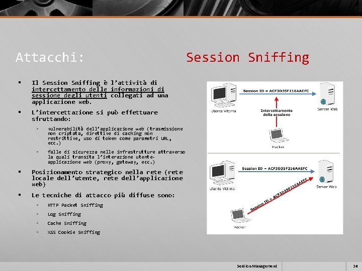 Attacchi: Session Sniffing § Il Session Sniffing è l’attività di intercettamento delle informazioni di Attacchi: Session Sniffing § Il Session Sniffing è l’attività di intercettamento delle informazioni di