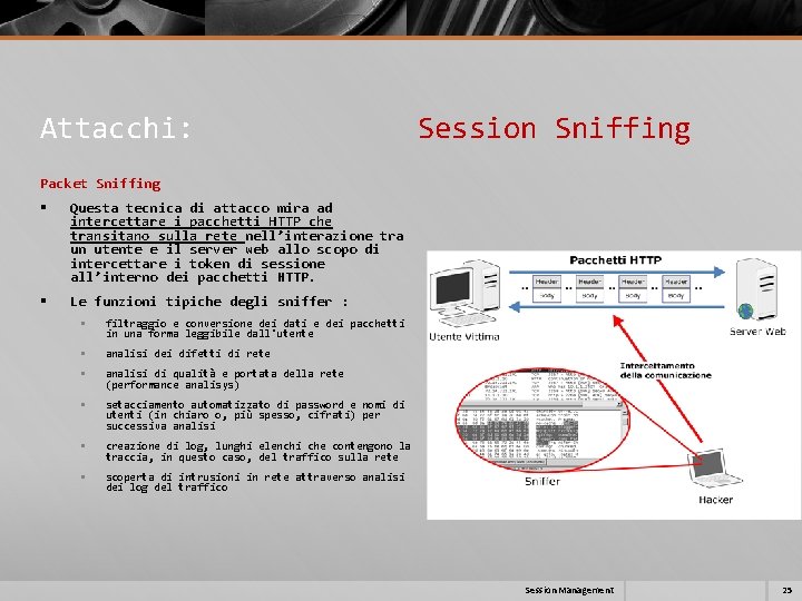Attacchi: Session Sniffing Packet Sniffing § Questa tecnica di attacco mira ad intercettare i Attacchi: Session Sniffing Packet Sniffing § Questa tecnica di attacco mira ad intercettare i