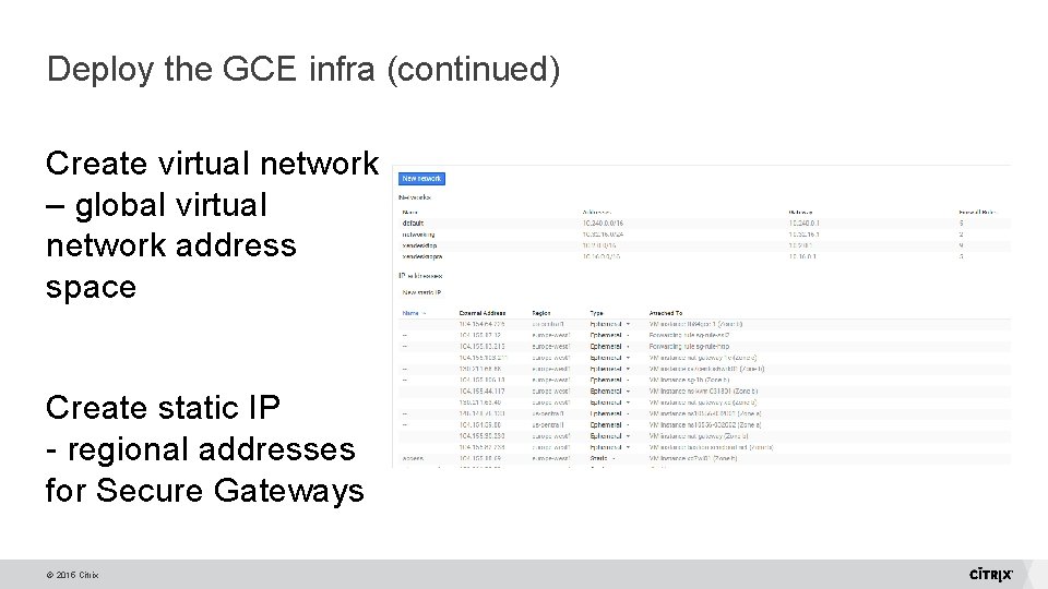 Deploy the GCE infra (continued) Create virtual network – global virtual network address space