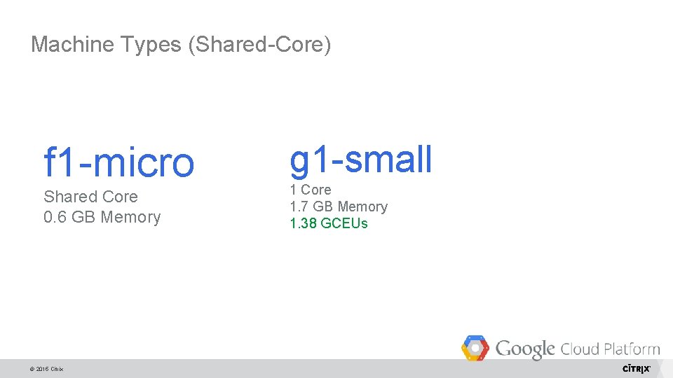 Machine Types (Shared-Core) f 1 -micro Shared Core 0. 6 GB Memory © 2015