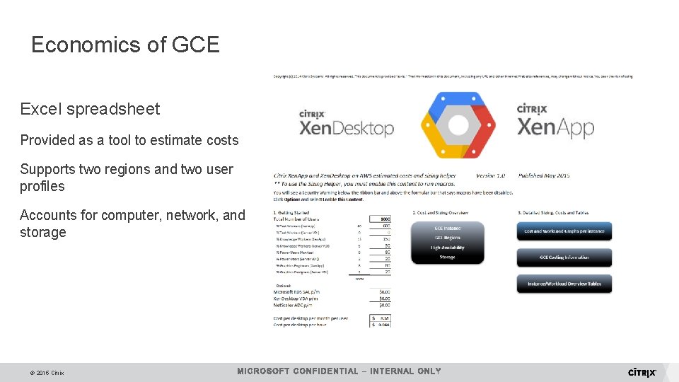 Economics of GCE Excel spreadsheet Provided as a tool to estimate costs Supports two