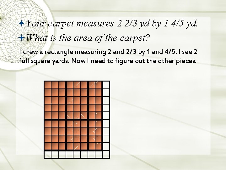  Your carpet measures 2 2/3 yd by 1 4/5 yd. What is the