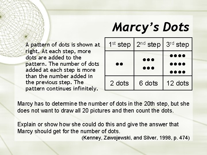 Marcy’s Dots A pattern of dots is shown at right. At each step, more