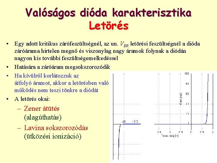 Valóságos dióda karakterisztika Letörés • Egy adott kritikus zárófeszültségnél, az un. VBR letörési feszültségnél