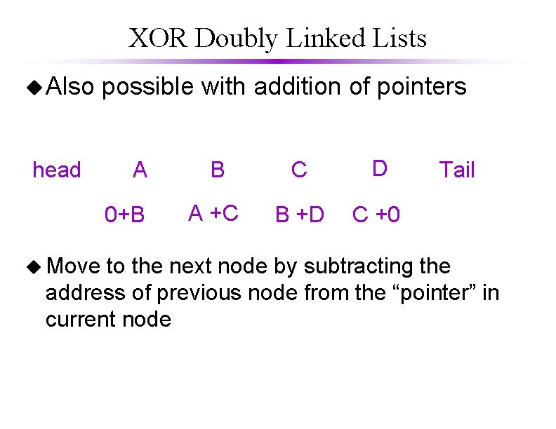 XOR Doubly Linked Lists u Also head possible with addition of pointers A 0+B