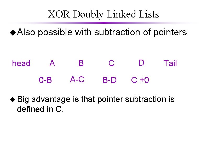 XOR Doubly Linked Lists u Also head possible with subtraction of pointers A 0