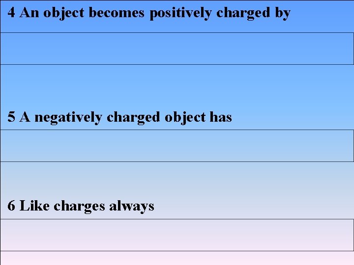 4 An object becomes positively charged by 5 A negatively charged object has 6