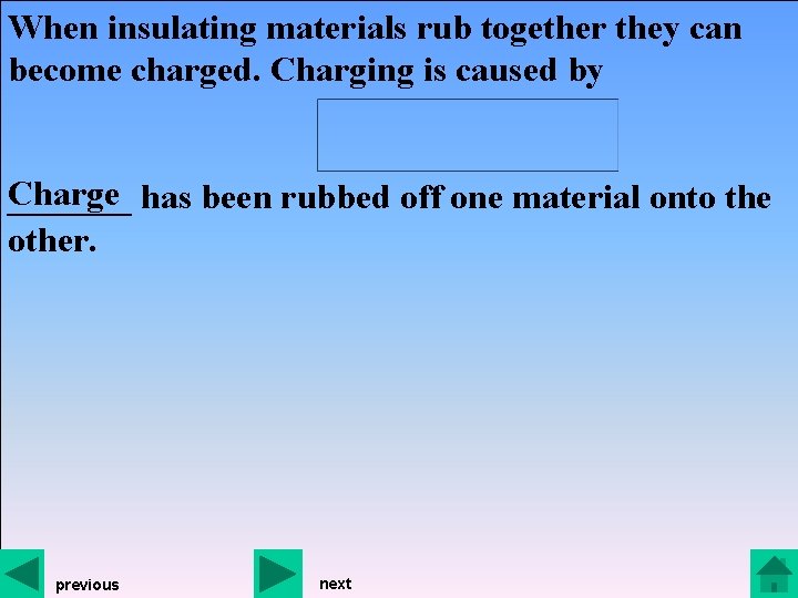 When insulating materials rub together they can become charged. Charging is caused by Charge
