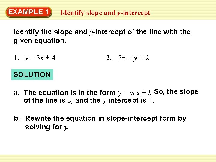 EXAMPLE 1 Identify slope and y-intercept Identify the slope and y-intercept of the line