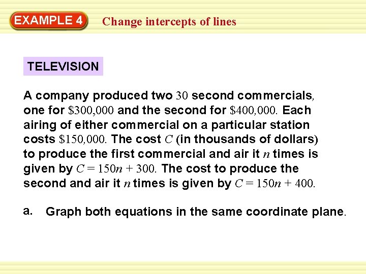 EXAMPLE 4 Change intercepts of lines TELEVISION A company produced two 30 second commercials,