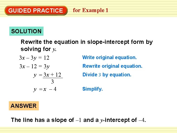 EXAMPLE 1 for Example 1 Identify slope and y-intercept GUIDED PRACTICE SOLUTION Rewrite the