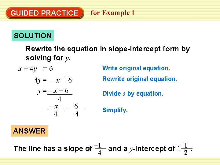 EXAMPLE 1 for Example 1 Identify slope and y-intercept GUIDED PRACTICE SOLUTION Rewrite the