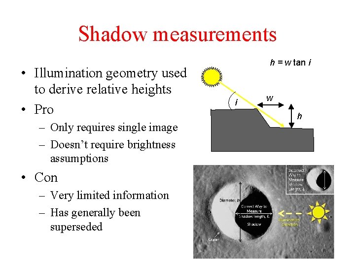 Shadow measurements • Illumination geometry used to derive relative heights • Pro – Only