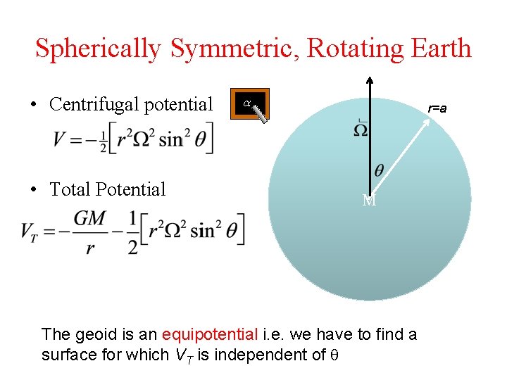 Spherically Symmetric, Rotating Earth • Centrifugal potential • Total Potential a r=a M The
