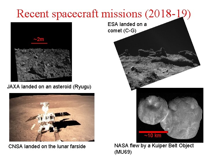 Recent spacecraft missions (2018 -19) ESA landed on a comet (C-G) ~2 m JAXA