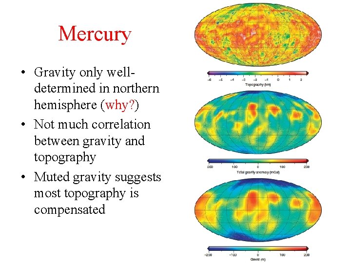 Mercury • Gravity only welldetermined in northern hemisphere (why? ) • Not much correlation
