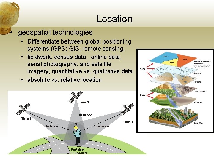 Location • geospatial technologies • Differentiate between global positioning systems (GPS) GIS, remote sensing,