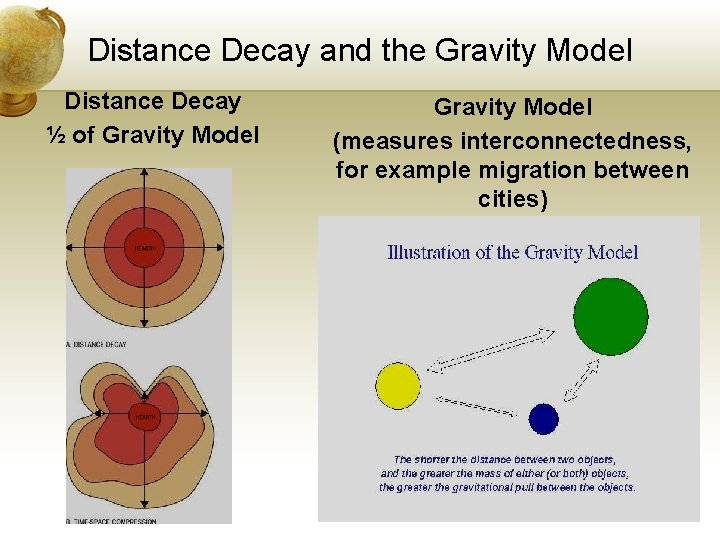 Distance Decay and the Gravity Model Distance Decay ½ of Gravity Model (measures interconnectedness,