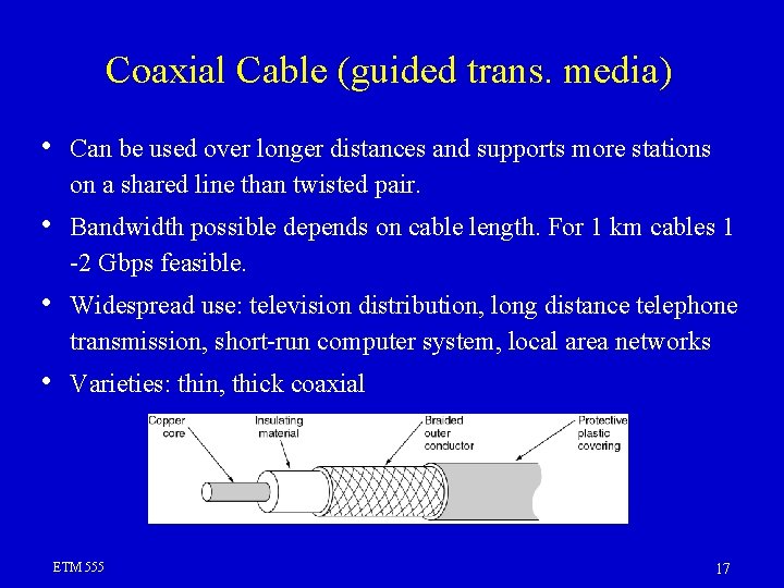 Coaxial Cable (guided trans. media) • Can be used over longer distances and supports Coaxial Cable (guided trans. media) • Can be used over longer distances and supports