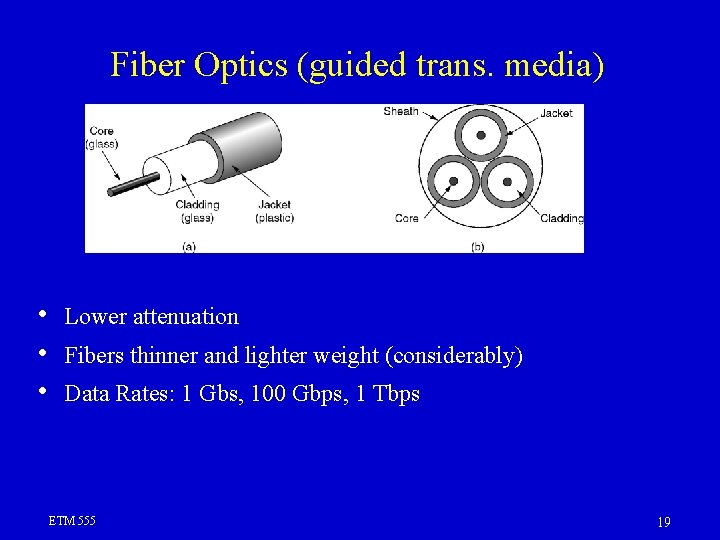 Fiber Optics (guided trans. media) • • • Lower attenuation Fibers thinner and lighter Fiber Optics (guided trans. media) • • • Lower attenuation Fibers thinner and lighter